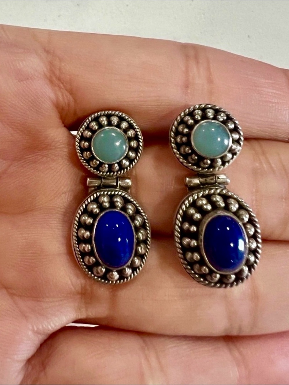 Suarti Bali 925 Sterling Silver Vintage Chalcedony Lapis Lazuli Drop Earrings 1”